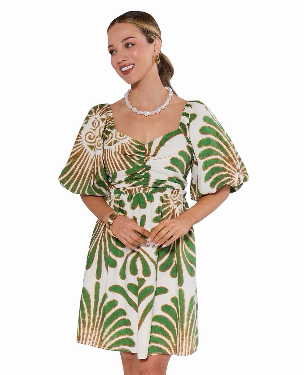 Avara Puff Sleeve Palm Leaf Cotton Dress Size L Resort Vacation Ivory Green NWT